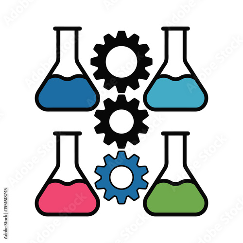 A colorful illustration of laboratory equipment and gears on a white background