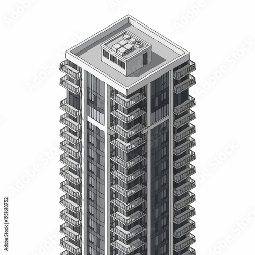 Modern High-Rise Apartment Building With Balconies.