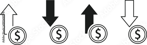 Set of dollar coin icons with up and down arrows representing financial growth loss investment trends stock market analysis and economy fluctuations