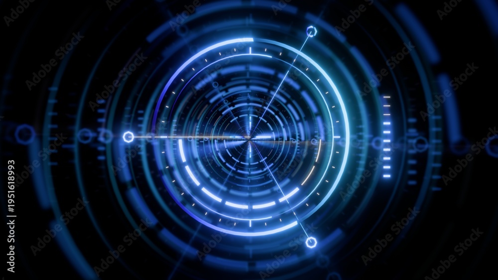 Fototapeta premium Futuristic Blue Neon HUD Radar Interface Overlay with Glowing Geometric Lines, Sci-Fi Target Screen and Light Leaks Background