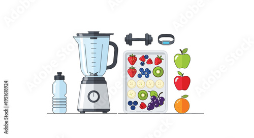 A collection of healthy food items, including various fruits, a blender, and fitness accessories, is arranged on a white background.