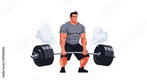A muscular man performs a deadlift with a heavy barbell, with smoke emanating from its sides.