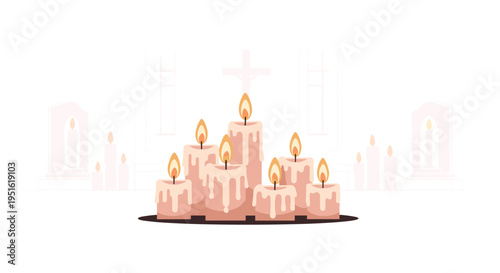 A cluster of nine burning, melting candles is illuminating a church-like background with a crucifix.