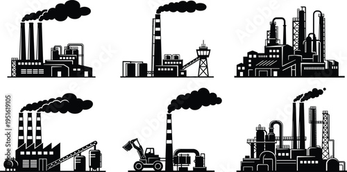 Industrial factory and refinery silhouette collection with smokestacks, pipelines, oil processing units and heavy machinery isolated on white background, black vector illustration for energy