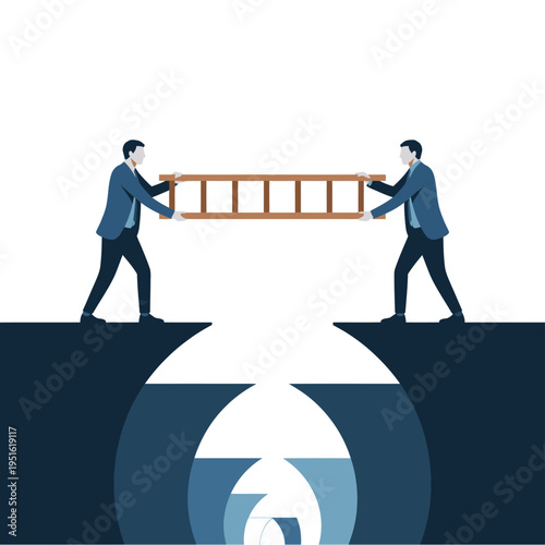 Two businessmen working together to bridge a gap with a ladder