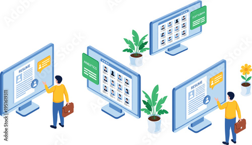 Job recruitment vector illustration with resumes, analytics screens, professional office design, business people, career application process, modern workplace art