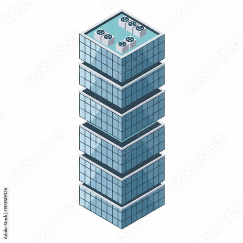 Modern Glass Skyscraper Building with Rooftop HVAC Units.