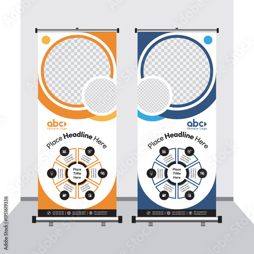 Corporate infographic roll up banner layout for branding information display