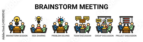 Brainstorm Meeting web banner icon vector illustration concept with icons of brainstorm session, idea sharing, problem solving, team discussion, group discussion, and project discussion.