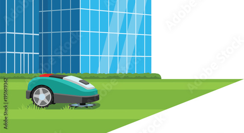 A robotic lawnmower cuts green grass in front of a modern building with blue glass windows.