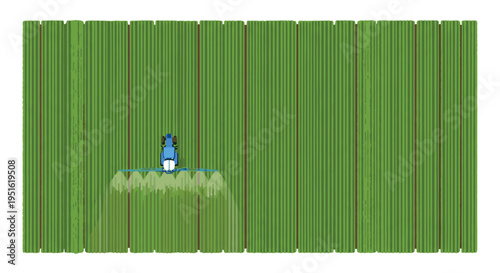 An overhead illustration shows a blue agricultural sprayer applying liquid across a green striped field.