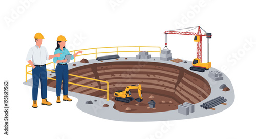Two construction workers observe a large excavated pit with an excavator, a crane, and building materials at a construction site.