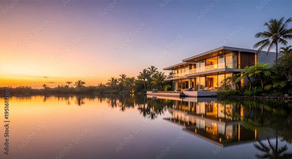Fototapeta premium Sunset view of a tropical house by tranquil water with illuminated balcony and palm trees