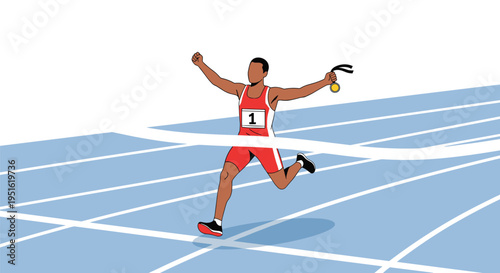A male runner in a red uniform triumphantly crosses a white finish line on a blue track, holding a gold medal and raising his arms in victory.