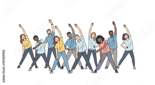 Diverse group of people doing side bends stretching exercise together, promoting health and wellness