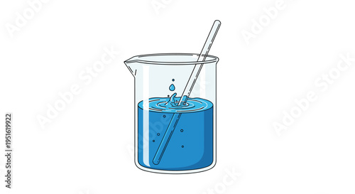 A clear glass beaker holds blue liquid with a stirring rod, showing a single drop creating a ripple on a white background.