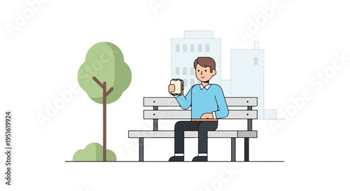 Man Sitting on Park Bench with Smartphone and Book, Enjoying a Relaxing Day Outdoors