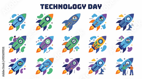 Colorful Rockets Flying, Technology Day Concept