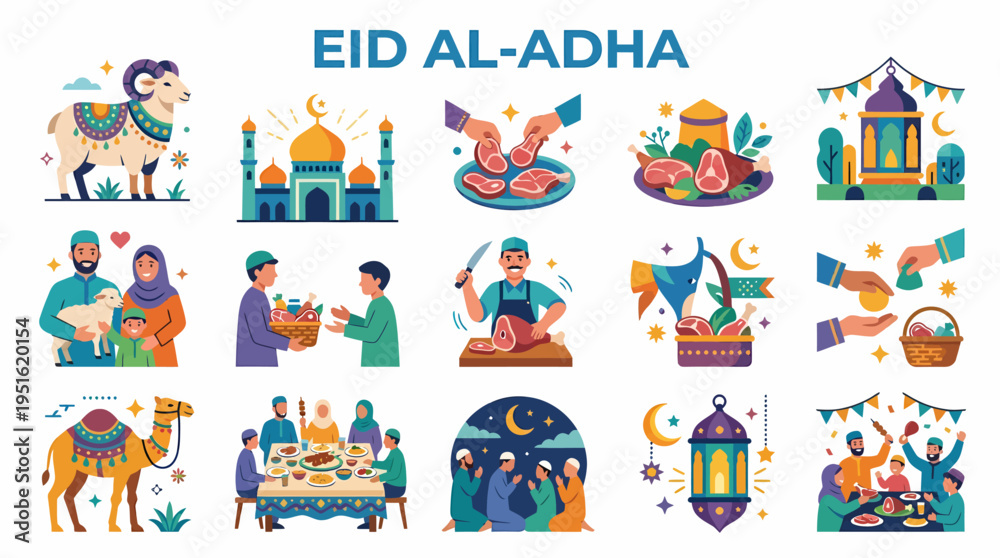 Fototapeta premium Eid al-Adha Islamic Holiday Celebration Flat Vector Icons