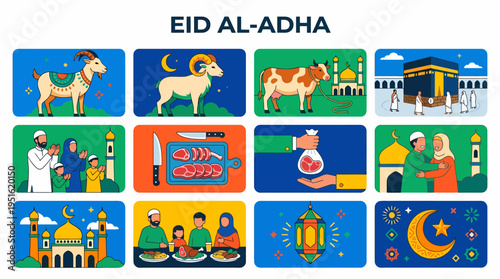 Eid al-Adha flat icons: animals, prayer, sacrifice, Kaaba