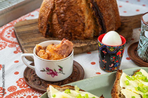 Wallpaper Mural Breakfast or snack with bread, pickled meat and boiled egg. Torontodigital.ca