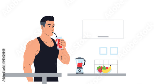 A muscular man drinks a red smoothie in a kitchen with a blender and fruit on the counter.