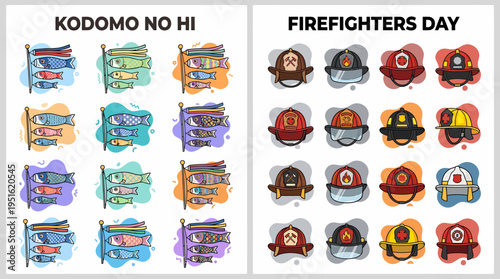 Japanese Koi Flags and Firefighter Helmets - Kodomo No Hi & Firefighters Day