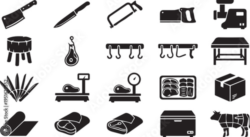Butcher Shop And Qurbani Meat Processing Tools Icon Set