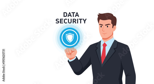 A confident man in a suit points his finger at a glowing data security icon with a shield symbol.