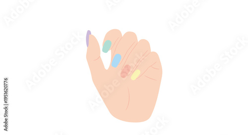 A human hand displays manicured fingernails painted in five distinct pastel colors against a plain white background.