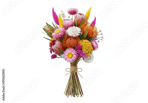 Vibrant bouquet of colorful flowers tied with a rustic wheat stalk base