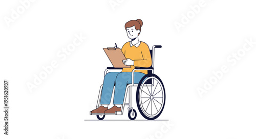 A woman with a bun is sitting in a wheelchair and writing on a brown clipboard against a white background.