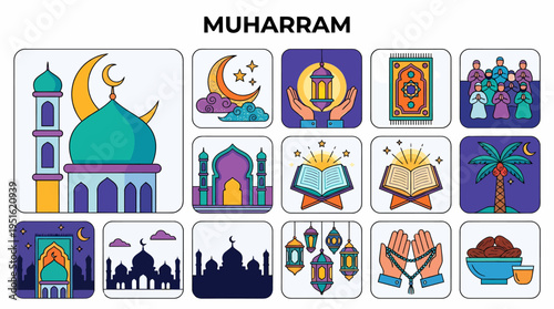 Muharram Islamic Icons: Mosque, Quran, Prayer, Dates, Moon
