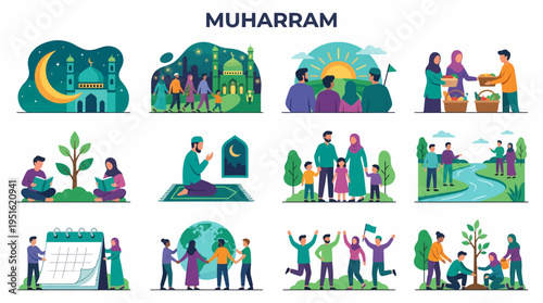 Muharram Islamic New Year Celebration Vector Icons