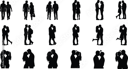 Romantic couple silhouette collection showing love, dating, hugging, and kissing poses isolated on white background, black vector illustration set for relationships and romance concepts
