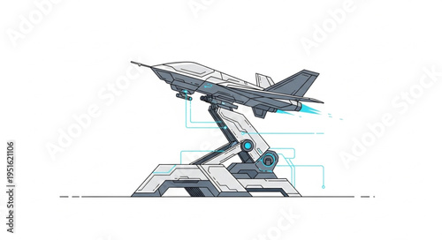 Futuristic aircraft model displayed on a high-tech launch platform, ready for takeoff.