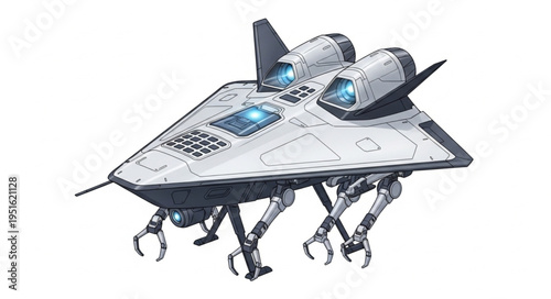 Futuristic spacecraft design with advanced robotic legs and powerful engines.