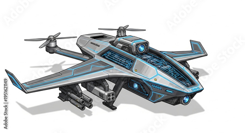 Futuristic aerial vehicle with advanced technology and sleek design, ready for flight.