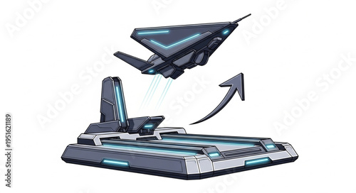Futuristic aircraft launching from a high-tech platform, ready for flight and exploration.