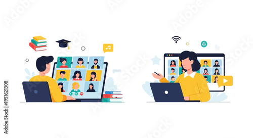 Virtual Classroom and E-Learning Concept Illustration. Students and Teacher on Video Conference Call for Remote Online Education and Webinar Training.