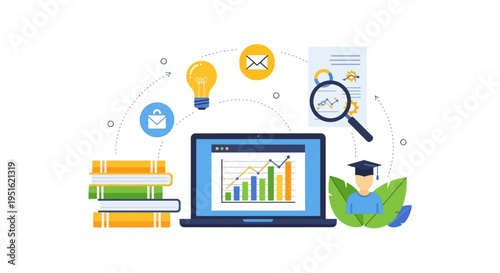 Online Education Success: E-Learning, Data Analysis, and Career Development Concept with Books, Laptop, and Graduate