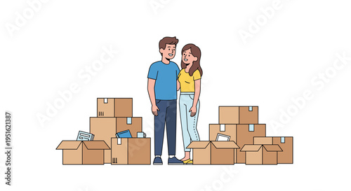 A smiling couple stands together surrounded by numerous cardboard moving boxes on a white floor.