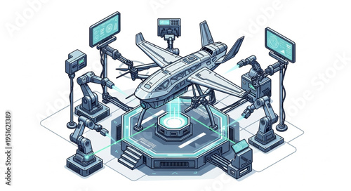 Futuristic Aircraft Assembly - A Detailed Isometric View of Technology.