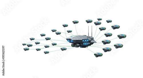 Networked autonomous vehicles communicating with a central hub for data processing and control.