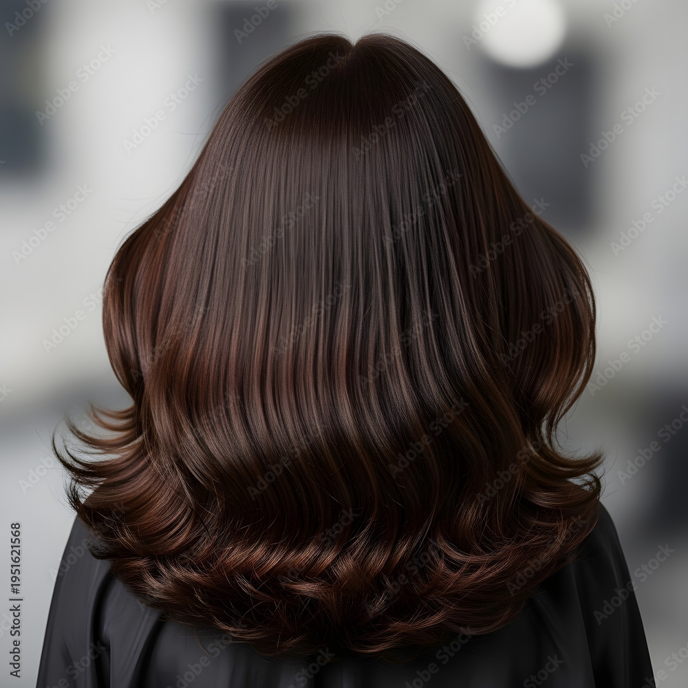 Fototapeta premium Serene Woman with Flowing Voluminous Brown Hair, Shiny Layered Hairstyle with Highlights, Close-Up Beauty Portrait