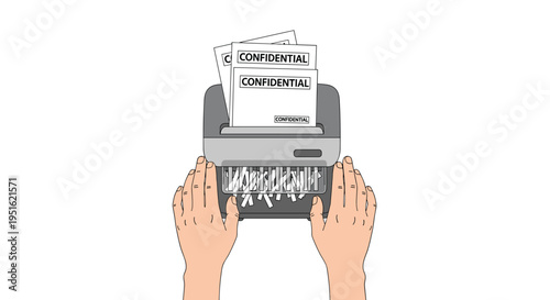Two hands feed confidential documents into a grey paper shredder, destroying sensitive information.