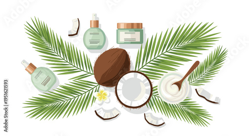Various coconut beauty products and ingredients are artfully arranged on lush green palm leaves.