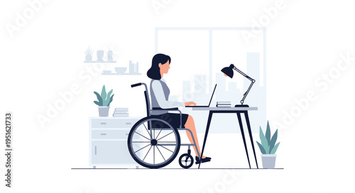 A woman in a wheelchair works on a laptop at a desk in a modern office.
