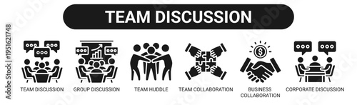 Team Discussion web banner icon vector illustration concept with icons of team discussion, group discussion, team huddle, team collaboration, business collaboration, and corporate discussion.