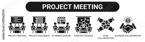 Project Meeting web banner icon vector illustration concept with icons of project meeting, project discussion, planning session, strategy session, team collaboration, and business collaboration.